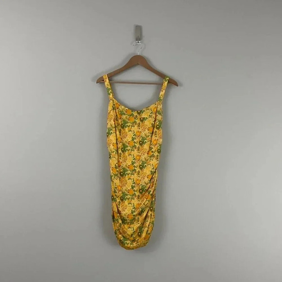 Urban Outfitters Yellow Floral Ruched Bodycon Mini Dress Size Large - Picture 1 of 6